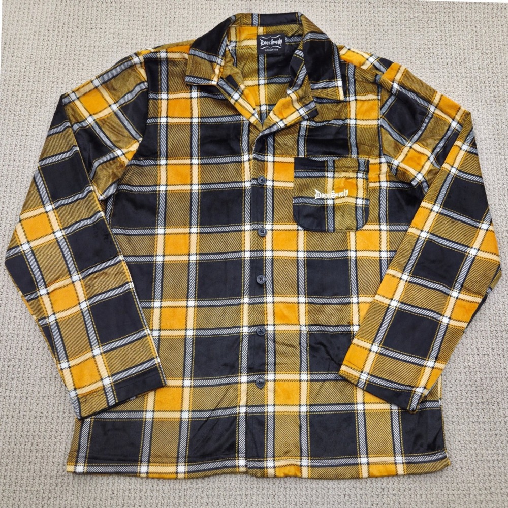 Dogg Supply Long Sleeve Soft Flannel Sleep Shirt Yellow Black Plaid Mens‎ Medium